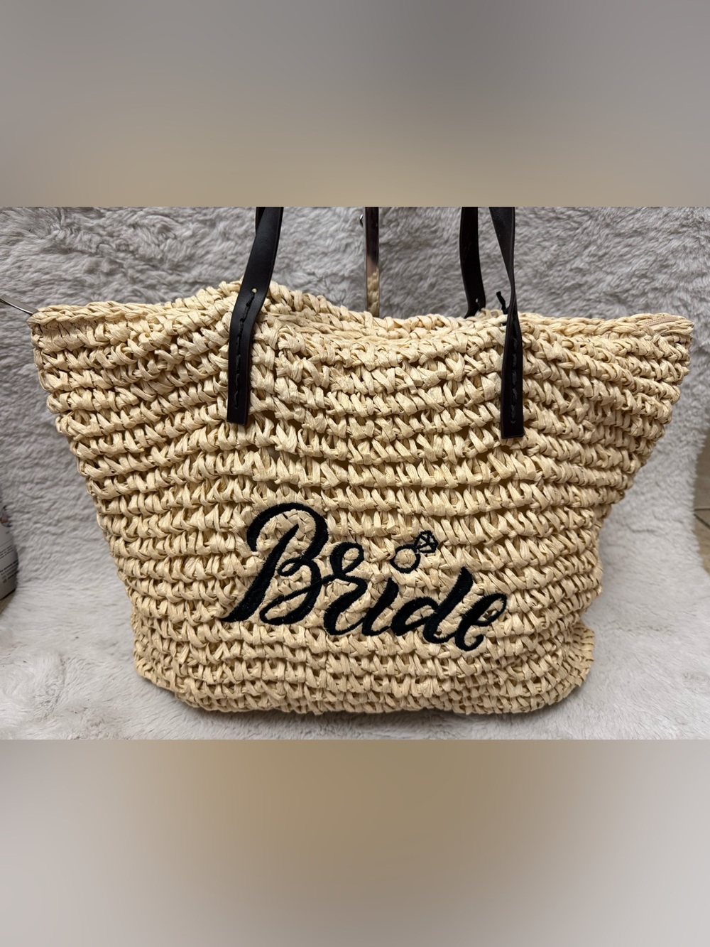Bride Embroidered Straw Tote Bag with Black Trim